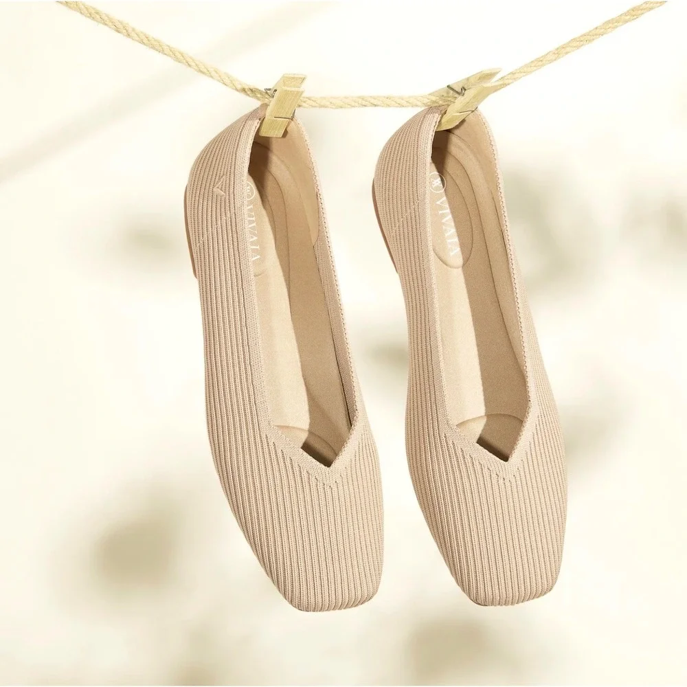 VIVAIA‎ Size 5 Square-Toe V-Cut Flats Margot 2.0 Knit Ballet Flats Beige Slip On